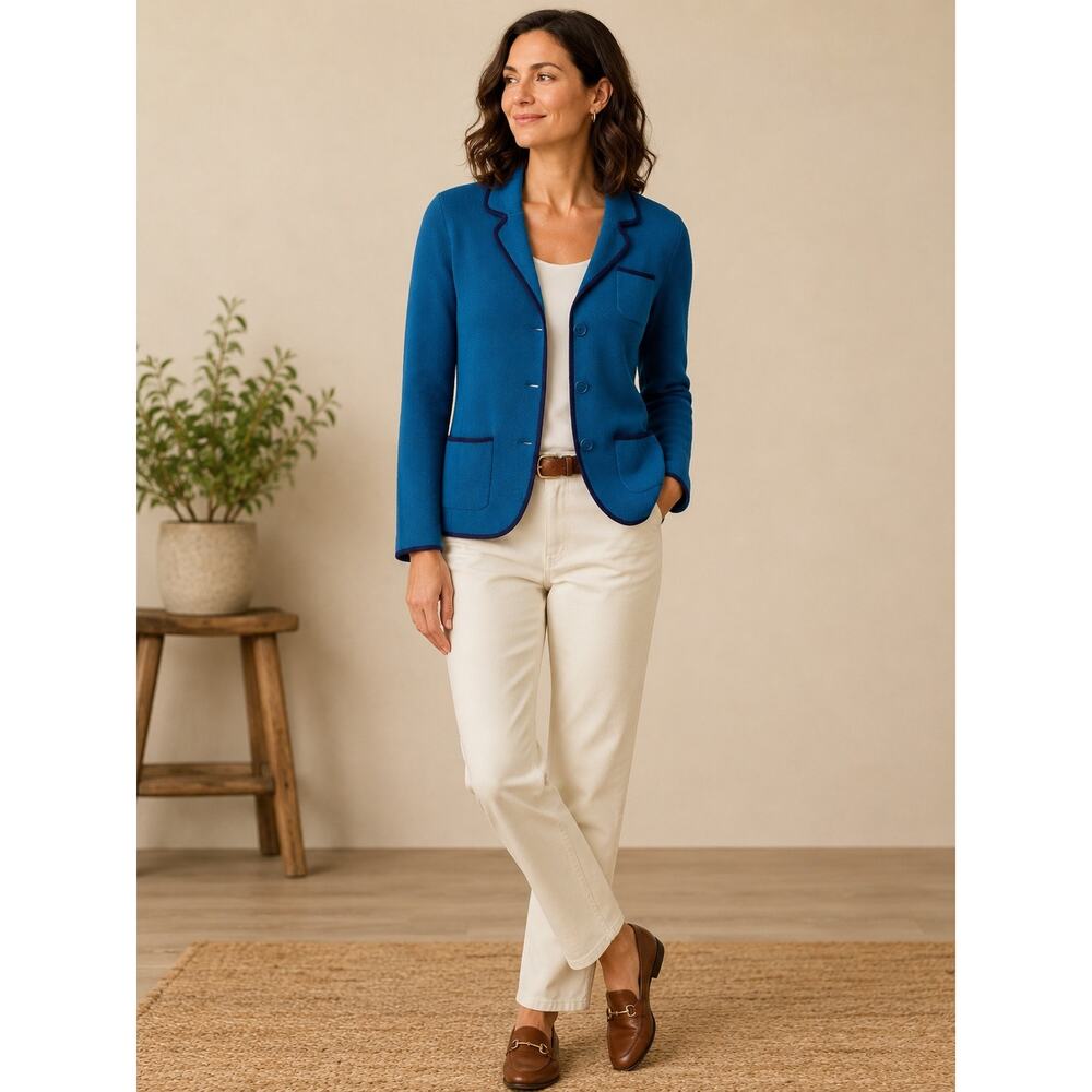 L.L Bean Blue Knit Blazer Jacket Women S Contrast Trim Preppy Classic minimalist